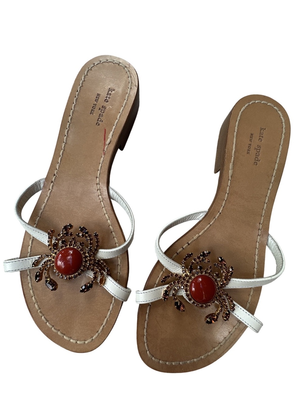 kate spade White Leather Sandal Slides with Red Gem Crab  Zodiac Accent
